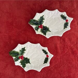 Vintage Lefton Holly Berry Candy/Relish/Nuts Christmas Dishes, Set of 2